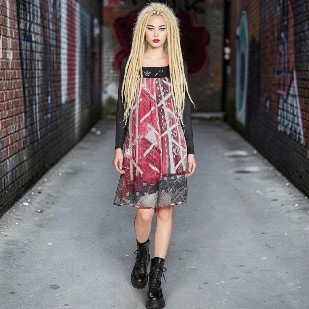 Save The Queen Long Sleeve Dress Abstract Empire Waist Y2K Indie Sleaze Black S